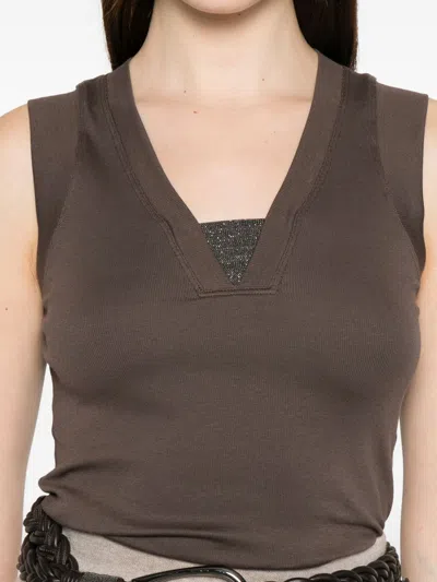 Brunello Cucinelli Cotton Tank V Neck Stretch Ribbed Top In Brown