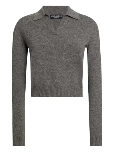 Dolce & Gabbana Knit Cropped Henley Long Sleeve Polo Top In Gray