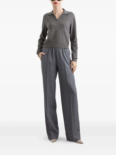 Dolce & Gabbana Knit Cropped Henley Long Sleeve Polo Top In Gray