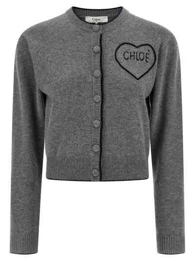 Chloé Wool And Cashmere Cardigan With Logo Knitwear Grey In Gray