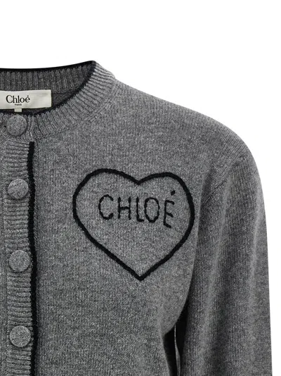 Chloé Wool And Cashmere Cardigan With Logo Knitwear Grey In Gray
