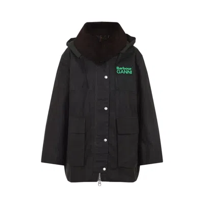Barbour X Ganni Green Hood Ttn Duffle Wax Cotton Jacket In Black