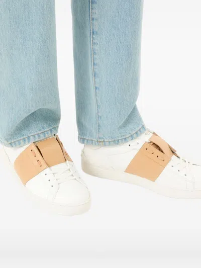 Valentino Garavani Open Sneakers In Leather With Contrast Colored Stripe And Stud Detail In Nude