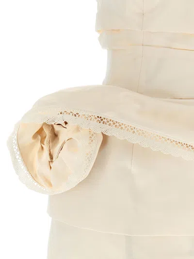 Magda Butrym Strapless Dress Re26 Draped Lace Detail In Neutral