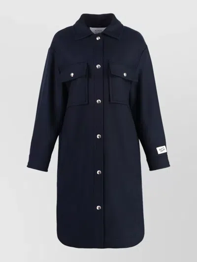 Maison Kitsuné Wool Coat Rounded Hem Side Slits In Blue