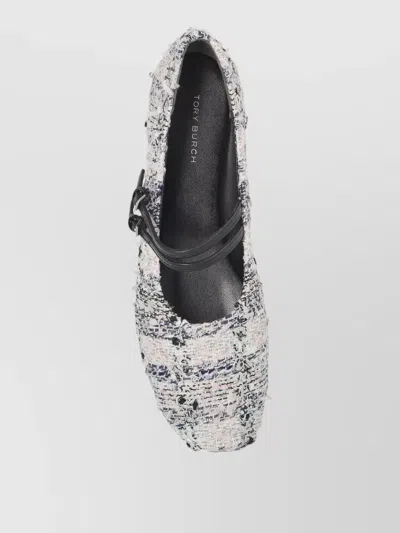 Tory Burch Double Strap Square Toe Textured Ballerinas In Gray