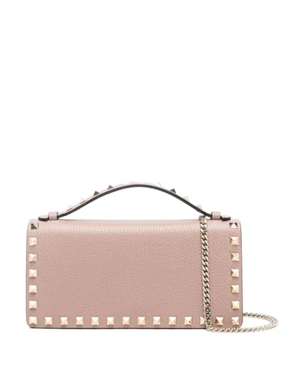Valentino Rockstud Leather Clutch Wallet On Chain In Pink