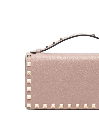 Valentino Rockstud Leather Clutch Wallet On Chain In Pink