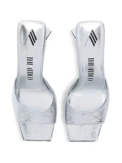 Attico Devon Metallic Platform Open Square Toe Mules In Gray