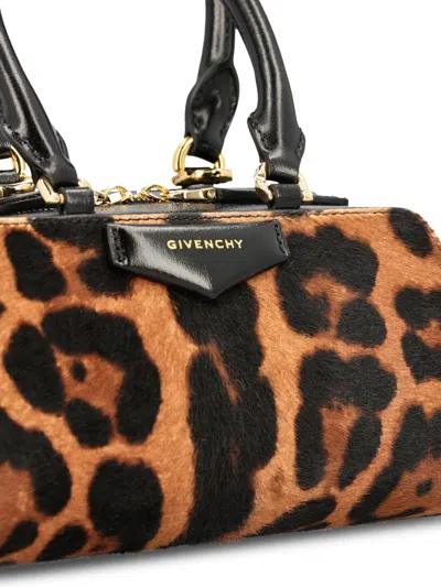 Givenchy Antigona East West Brown Mini Handbag With Animalier Print And Logo Lettering On The Front In Leathe In Animal Print