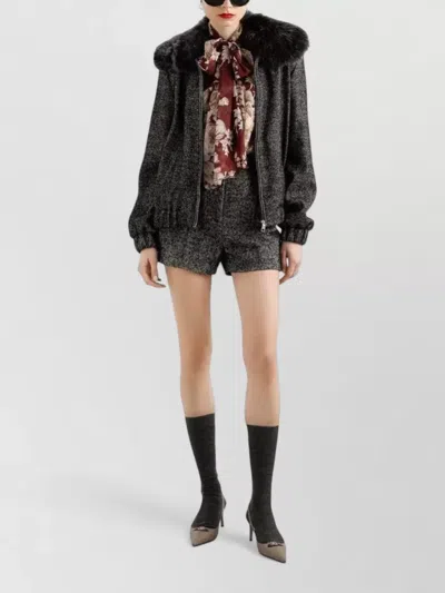 Dolce & Gabbana Herringbone Bomber Jacket Virgin Wool Blend In Black