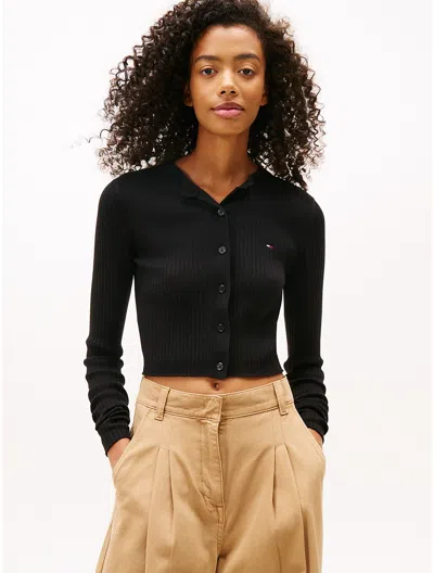 Tommy Hilfiger Tommy Jeans Cropped Rib Knit Cardigan In Black