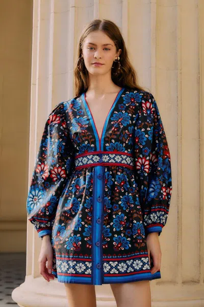 Farm Rio Black Latina Scarf Puff Sleeve Organic Cotton Mini Dress In Blue