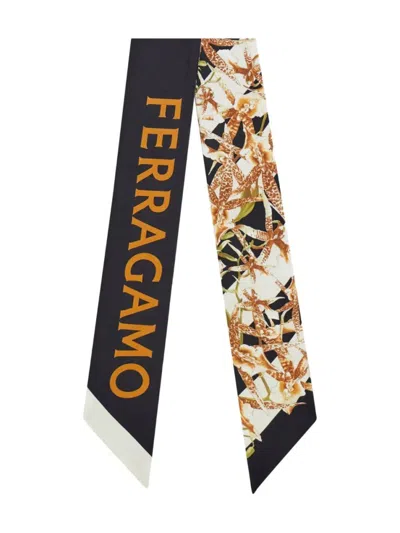 Ferragamo Gaia Scarf Floral Pattern Fringed Edges In Black