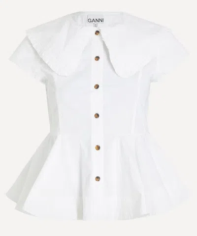 Ganni Short Cotton Shirt With Ruffles In White