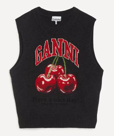Ganni Sleeveless Intarsia Knit Crew Neck Top In Black