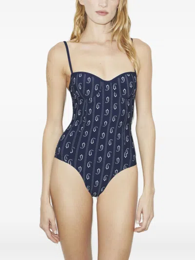Tory Burch Underwired Swimsuit Adjustable Straps Patterned In Blue