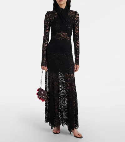 Rabanne Lace-edged Midi Skirt With High Waist And Decorative Buttons In Black