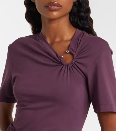 Rabanne Embellished Gathered Cut-out Cotton-blend Jersey Mini Dress In Purple