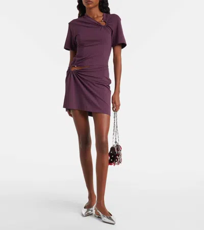 Rabanne Embellished Gathered Cut-out Cotton-blend Jersey Mini Dress In Purple