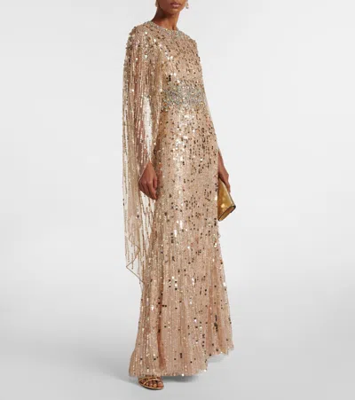 Jenny Packham Honey Dew Caped Embellished Gown In Pink