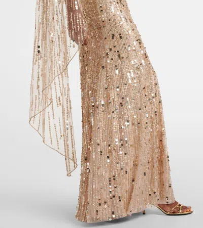 Jenny Packham Honey Dew Caped Embellished Gown In Pink