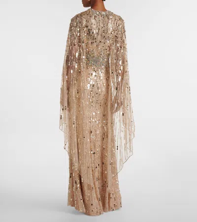 Jenny Packham Honey Dew Caped Embellished Gown In Pink