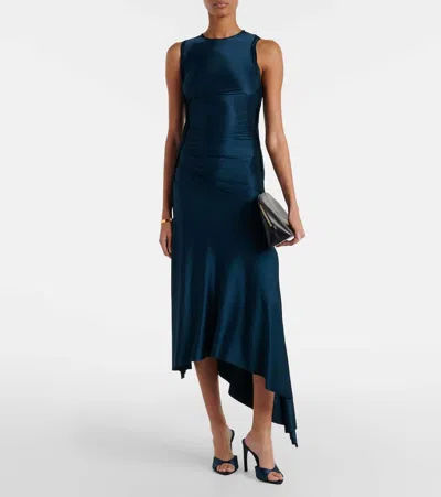 Victoria Beckham Ruched Asymmetric Jersey Midi Dress In Blue