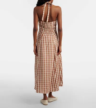Faithfull Marais Gingham Halterneck Linen Midi Dress In Brown