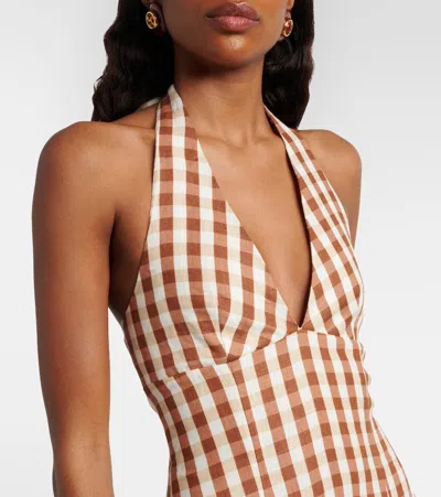 Faithfull Marais Gingham Halterneck Linen Midi Dress In Brown