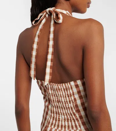 Faithfull Marais Gingham Halterneck Linen Midi Dress In Brown