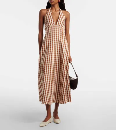 Faithfull Marais Gingham Halterneck Linen Midi Dress In Brown