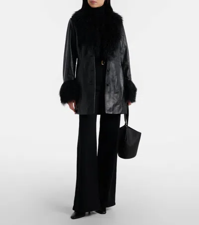 Nili Lotan Sefa Belted Shearling-trimmed Leather Jacket In Black