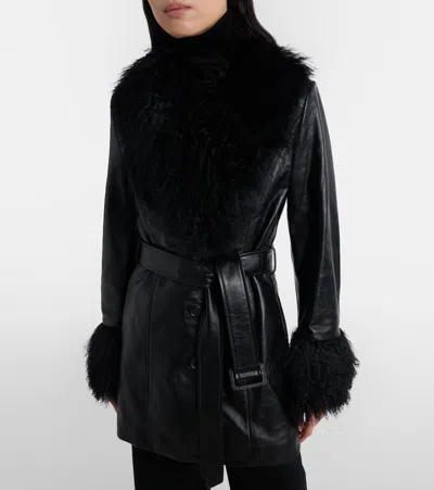 Nili Lotan Sefa Belted Shearling-trimmed Leather Jacket In Black