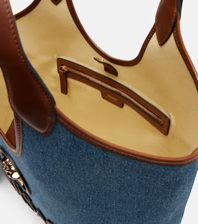 Versace La Medusa Leather-trimmed Denim Tote In Blue