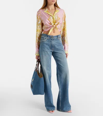 Versace La Medusa Leather-trimmed Denim Tote In Blue