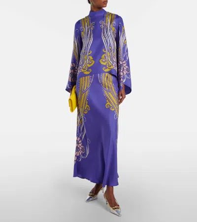 La Doublej Make An Exit Printed Silk Satin Blouse In Blue