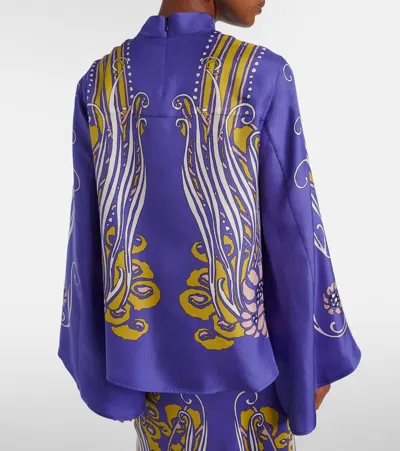 La Doublej Make An Exit Printed Silk Satin Blouse In Blue