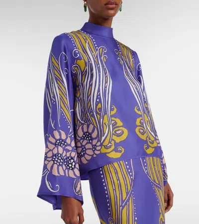 La Doublej Make An Exit Printed Silk Satin Blouse In Blue