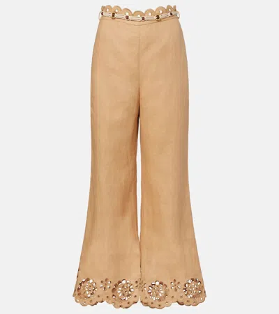 Zimmermann Awaken Linen Cropped Flared Pants In Brown