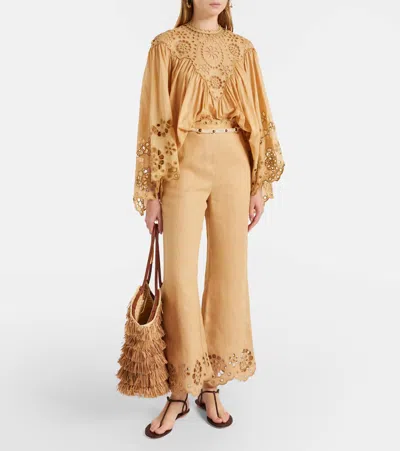 Zimmermann Awaken Linen Cropped Flared Pants In Brown