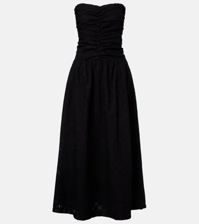 Faithfull Lia Strapless Ruched Broderie Anglaise Maxi Dress In Black
