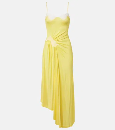 Christopher Esber Delphin Asymmetric Gathered Lace-trimmed Ribbed Jersey Midi Dress In Yellow