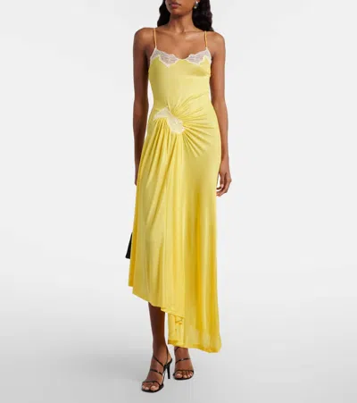 Christopher Esber Delphin Asymmetric Gathered Lace-trimmed Ribbed Jersey Midi Dress In Yellow