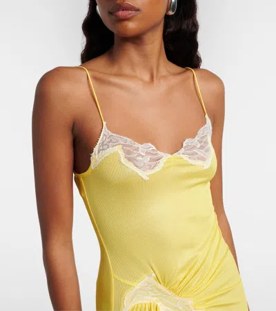Christopher Esber Delphin Asymmetric Gathered Lace-trimmed Ribbed Jersey Midi Dress In Yellow