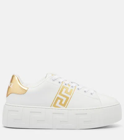 Versace La Greca Embroidered Platform Sneakers In White