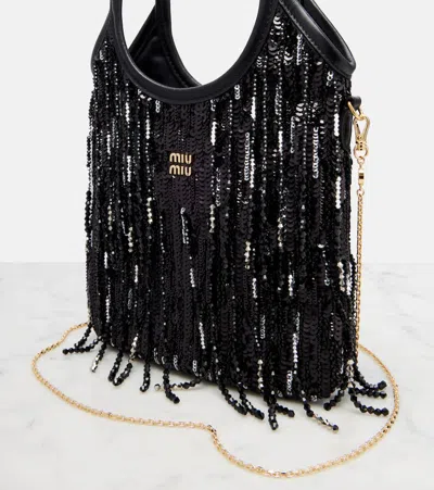 Miu Miu Ivy Medium Embellished Satin Tote Bag In Black