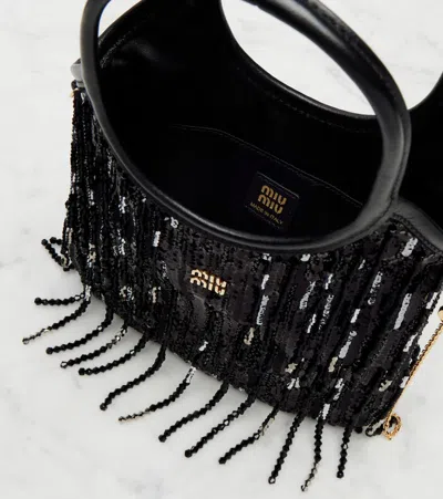Miu Miu Ivy Medium Embellished Satin Tote Bag In Black