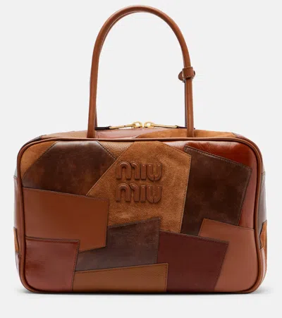 Miu Miu Patchwork Leather Tote Bag In Brown