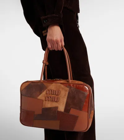 Miu Miu Patchwork Leather Tote Bag In Brown